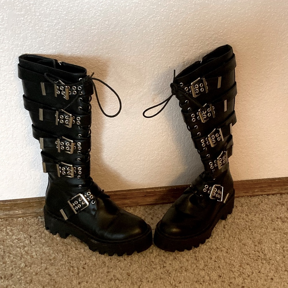 Knee High Strappy Buckle Combat Boots